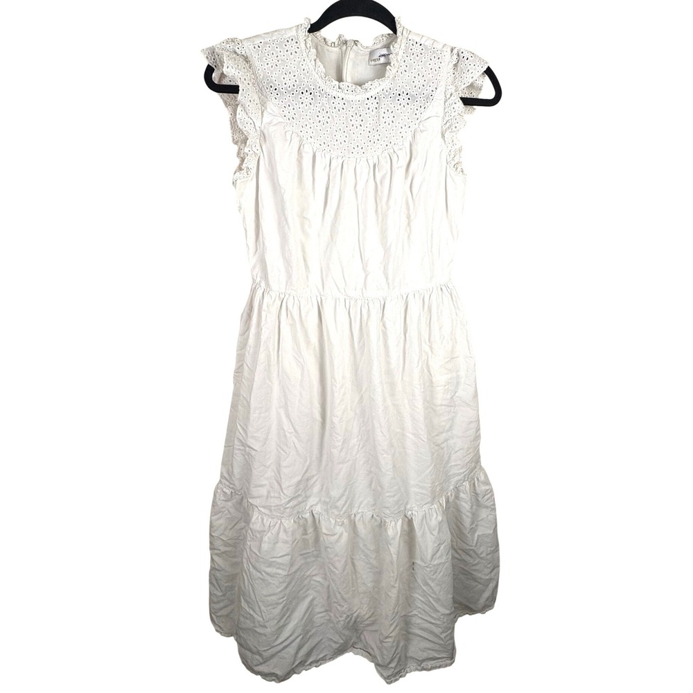 Greylin White Eyelet Lace Yoke Ruffle Sleeve Tiered Midi Dress Womens Size M
